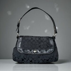 Coach Black Signature Pleated SoHo Canvas / Leather Hobo Shoulder Bag Pouchette